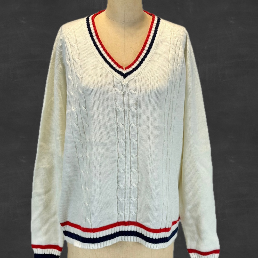 VINTAGE 60s varsity cricket sweater striped ribbed v neck cable knit tennis‎ 70s
